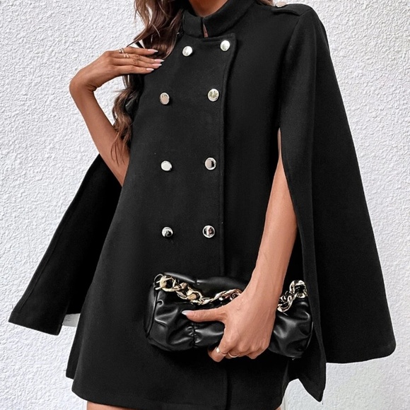 Luxe Black Double Breasted Cape Jacket Coat - Picture 3 of 6